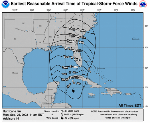 Projected Storm Path Times of Hurricane Ian. The map shows what time the hurricane is expect to hit parts of Florida. 