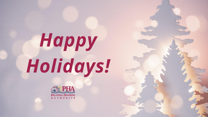 Happy Holiday Banner with Palatka Housing logo